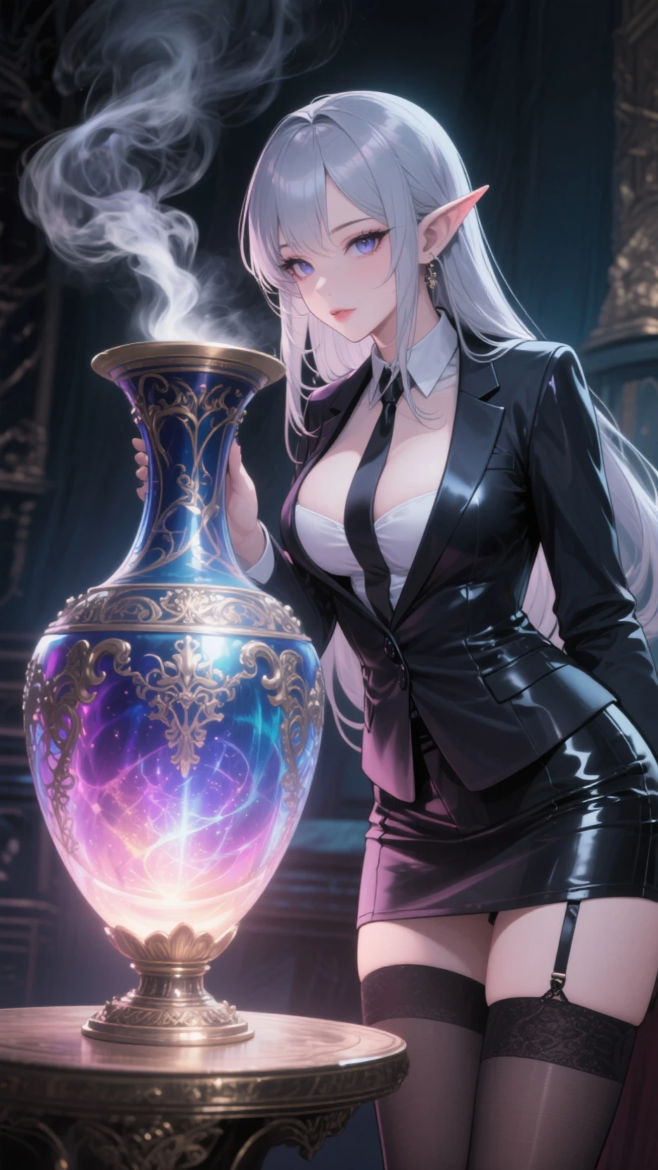 A young female vampire, beautiful, in a silver gown, holding a glass of wine in her hand. --auto --s2