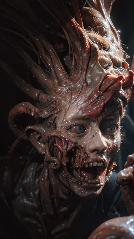 Ultra-realistic, alien and human fierce battle, woman fighting to the death, popping out with heavy bleeding, red internal organs and brain splashing from the head, female body eaten by aliens, high image quality, 8K, 32K, F1.8