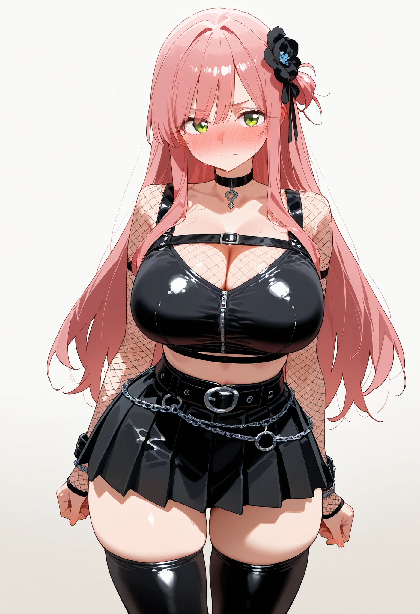 (masterpiece) ,best quality,amazing quality,very aesthetic,absurdres,newest, Hahari Hanazono (The 100 Girlfriends Who Really, Really, Really, Really, Really Love You),,black thigh-highs,, 1girl, long hair, bangs, green eyes, pink hair, flower, hair flower,,cowboy shot, NOSE BLUSH, wearing a black gothic crop top with tribal design, short pleated leather mini skirt with belt and chains, black choker with metal ring, fishnet sleeves, leather accessories, voluptuous body with wide hips and thick thighs, standing confidently, highly detailed anime style, pixiv trending, full body, white background, dynamic pose,, opaque clothes