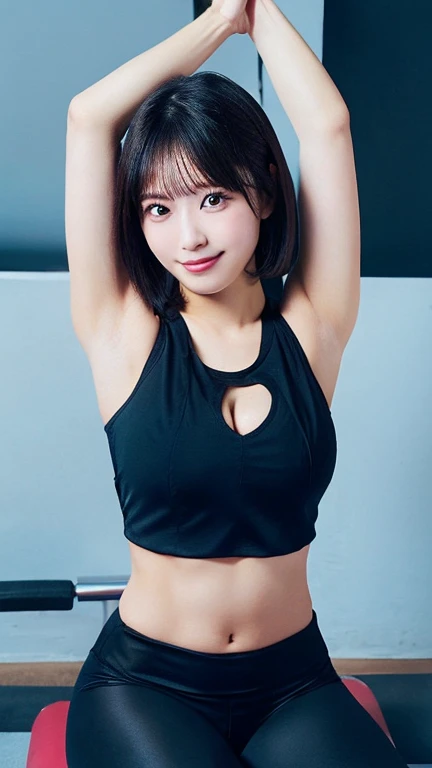 80's_jiaopian, 1girl, Black hair, ((realistic)), ((photorealistic)),((high-res, masterpiece, best quality, cinema lighting)), masterpiece, best quality:1.2), upper body, Standing, Hand behind back, solo, 1girl, smile, closed mouth, masterpiece, best quality, 4k, photograph, cinematic lighting, model shoot, perfect lighting, perfect detailed face, professional photo shoot, seductive smile, wide hips, thick thighs, short female,(((Large breasts))),((((Shizuka Morikawa)))), black hair, Black Sports bra, Black Spandex pants, realistic,(((beautiful))), Japanese female,((mature female 1.3)