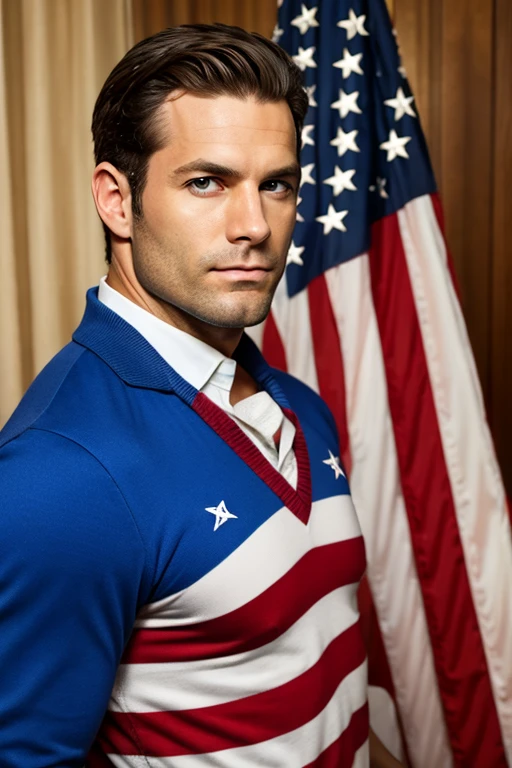 1 man, Beautiful eyes and face details, shirtless, nice body and defined muscles, best quality, Close-up, toned body, wearing nothing completely Naked, exposing penis, correct penis shape, (American male model) hot skin, master piece, Best qualities, Most beautiful man in the world, Handsome Man with American Flag on his background, full body shot,