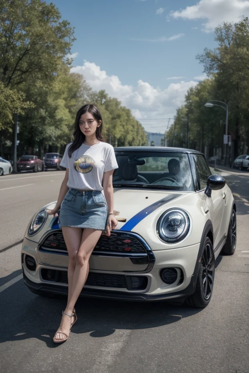 a futuristic styled family car, neon trim, 4 doors, tinted windows, a sexy Asian woman, age 25, model, gorgeous, curvy, mini outfit, posing next to car, glamour photo, high quality, 8k, photorealistic, professional, studio lighting, vibrant colors, cinematic lighting, dramatic lighting, dynamic pose, symmetrical composition, depth of field, award winning photography
