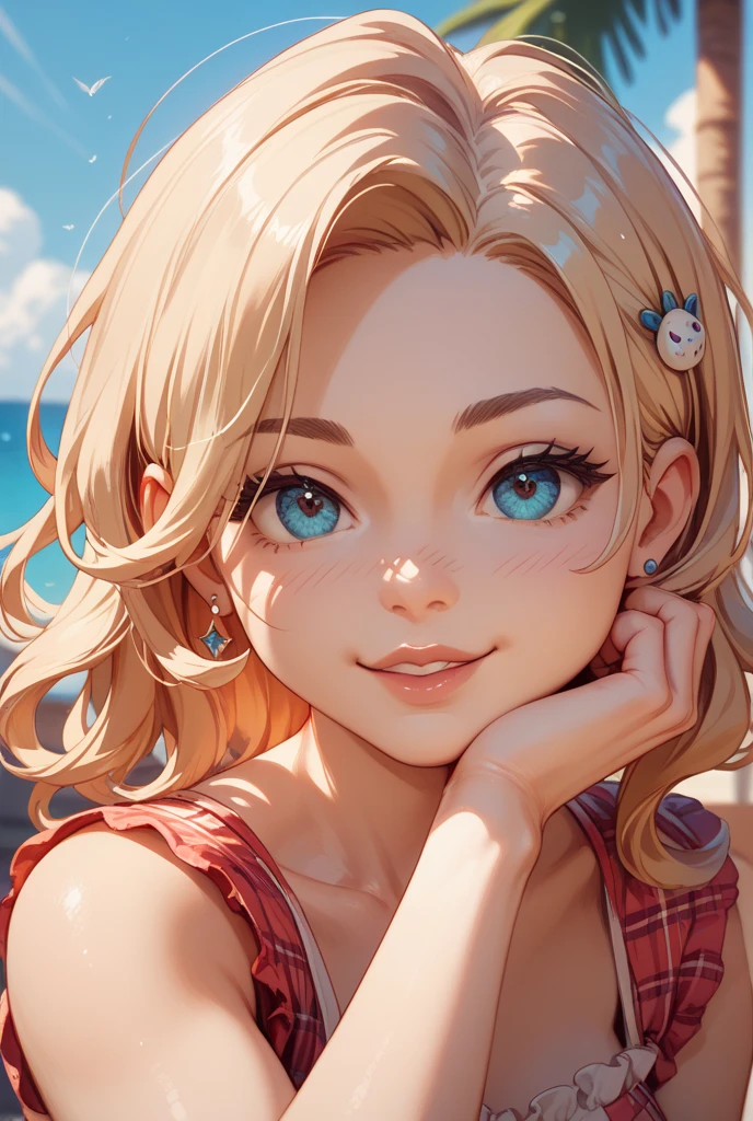 top-quality))、((​masterpiece)、skin gloss、Extra large zoom of face chest、Face Real、Focus on kissing on the lips、15 year old girl、Short wavy blonde hair、(Super close-up view of a super tall tree looking up from underground)、(Amber opaque breast bikini)、wearing denim shorts。sexy  pose、Breasts enlarged、Sunset、A slight smil、