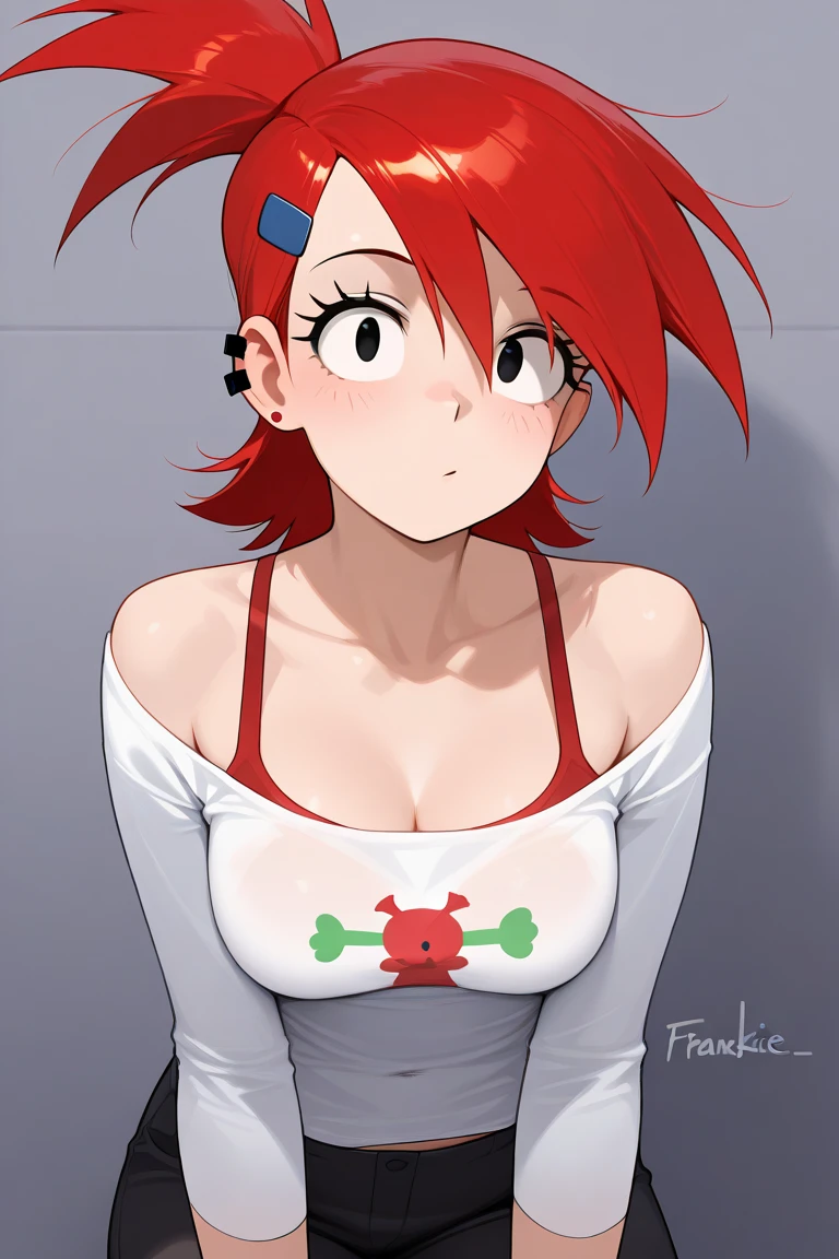 1 Girl, Small Breasts, Green Eyes, Heart Eyes, Deep Red Hair, Short Hair Style, Pale White Skin, Smooth Skin, Face Freckles, Slutty, Sexy, Sassy, Smirking, Tease, Teasing, Teasing, Sexy Pose, Young Girl, Very Small Girl, , Jeans, Tight Shirt