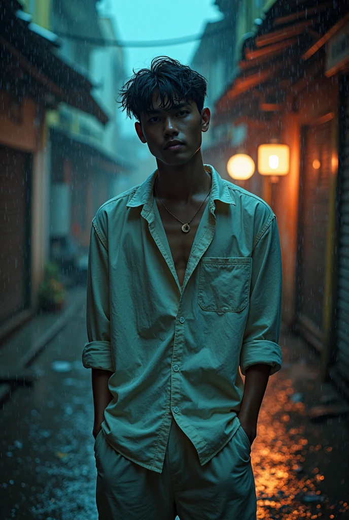 The young man was dressed poorly in a torn shirt and looked like a beggar
