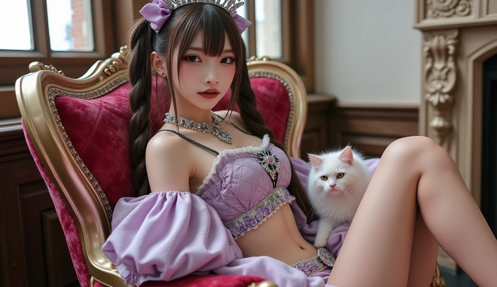 In Baroque style hall,1 woman,queen,is cuddling a cat, cuddle, cuddling a fluffy cat,majestic,graceful,perfect face, beautiful face, perfect female body, mature female,Detailed green eyes, short hair, Queen's crown, darker violet gossamer veil, red royal cloak with white fur,red royal shawl with white fur, darker violet lace underwear,darker violet lace thong,darker violet lace gloves,dark stockings socks,dark suspenders socks, necklace,earrings,jewels,jewelry,head ornaments,hands ornaments,legs ornaments,high heels,huge breasts,large breasts,Burst breasts,Big breasts,Plump breasts,Expose breasts,bare breasts,Narrow waist,Bare ass,big ass,bare belly,bare navel,wet,wet body,sweating body,shiny skin,pubic hair,((no close up)), (8k, RAW photos, highest quality, masterpiece: 1.7). (Realistic, Photorealistic: 1.9),
