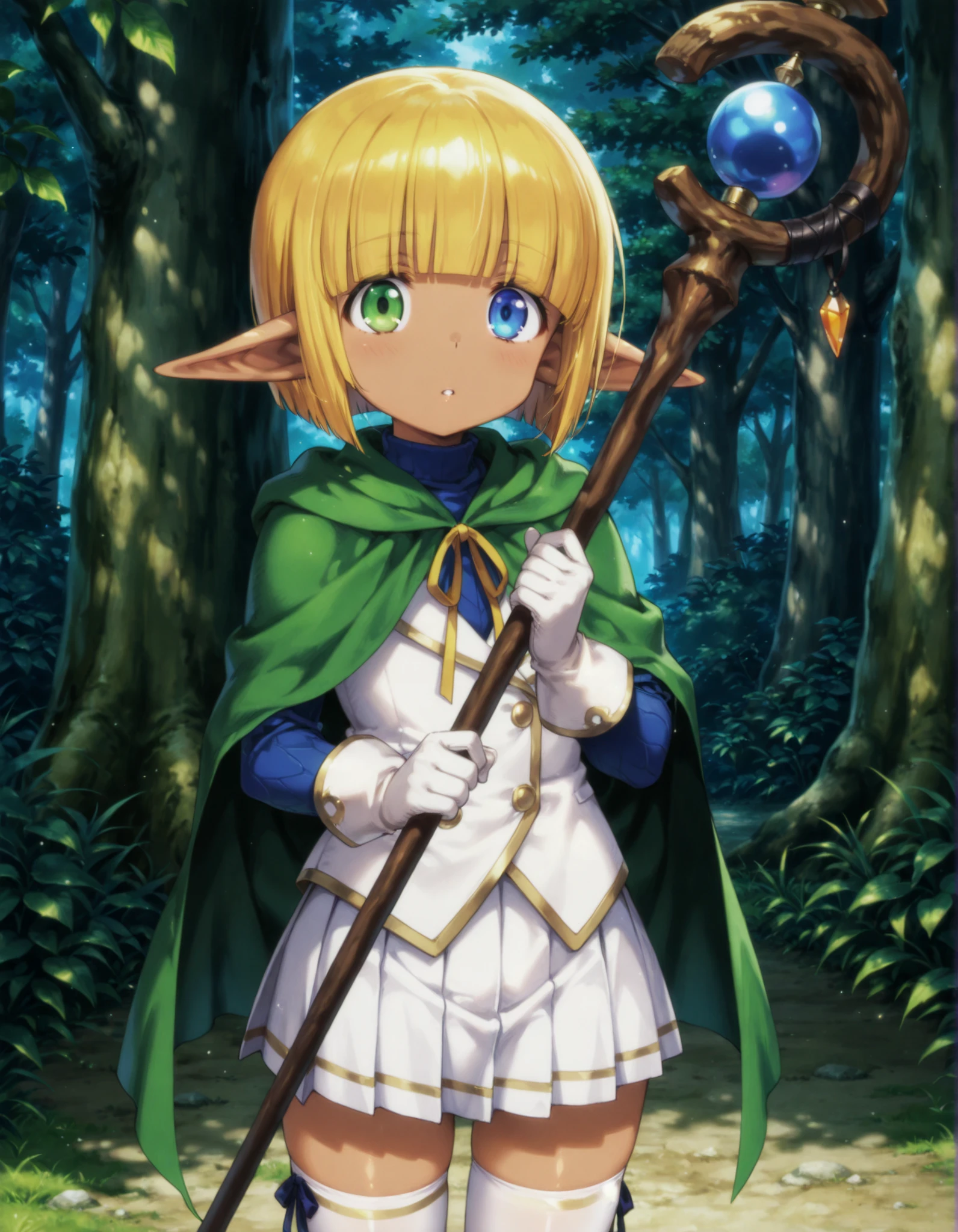 masterpiece, best quality, very aesthetic, 1boy,, solo, mare bello fiore, short hair, bangs, blue eyes, blonde hair, green eyes, pointy ears, blunt bangs, heterochromia, elf, otoko no ko, dark elf, anime screencap,, skirt, thighhighs, gloves, pleated skirt, white gloves, cape, white thighhighs, zettai ryouiki, capelet, staff, crossdressing, holding staff,, cowboy shot, looking at viewer