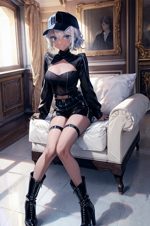 Character Details:, - Gender: 1 Girl. - Style: Anime, - Body Type: Attractive body, slim body, nice legs, slim tights, nice arms, nice shoulders. - Breast: ((Small Breast:1,5)), Show Cleavage, Nipples. - Facial Feature Beautiful, Gorgeous, ager, Fresh, Young. - Expression: Smile, Pink Blush on Face, Sexy Eyes, Sexy Look, Innocent Look, Tipsy. - Hairstyle: Blunt Bangs, Long Hair. - Hair Color: Light Blue Hair. - Clothing: off-shoulder, office shirt, skirt, stocking. - Body Pose: (Sitting). - Behaviour: Waiting, Want Something, Secretly. - Accessories: Earrings. Environmental Details:, - Setting: Office Room., - Lighting: Natural Light., - Decoration: Modern Office Desk, Chair, Window, White Curtain, City View. Top view.- Masterpiece, top quality, best quality, official art, beautiful, and aesthetic:1.2 Highest detailed:1.2, Crisp details, Sharp lines, Rich textures, Fine craftsmanship:1.3 - High resolution, Meticulous rendering:1.2, POV, anime style, UHD, retina, masterpiece, accurate, anatomically correct, textured.