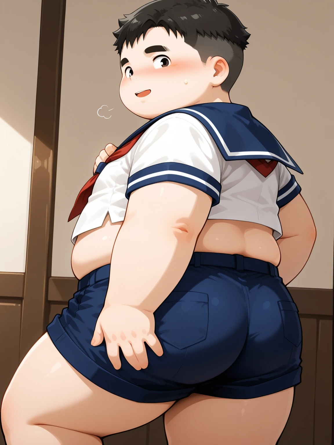 ((best quality)), ((masterpiece)), (cartoony style), perfect face, male character, ((femboy)), cute boy, (japanese schoolboy), (japanese school light blue summer sailor uniform), wet clothing, ((light brown thin skintight bike shorts)), wet shiny light brown spats, sweaty reflective light brown spandex pants, (bottom heavy), big butt, wide hips, ((thick plump thighs)), (visible bulge in pants), (flat chest), small breasts, slim belly, fair skin, (short brown hair), big hazel eyes, ((detailed eyes)), red cheeks, blush, (smug smile), ((bratty expression)), ((sweaty)), steaming breath, (japanese school hallway background), teasing pose, dynamic view, dynamic perspective, manga panels
