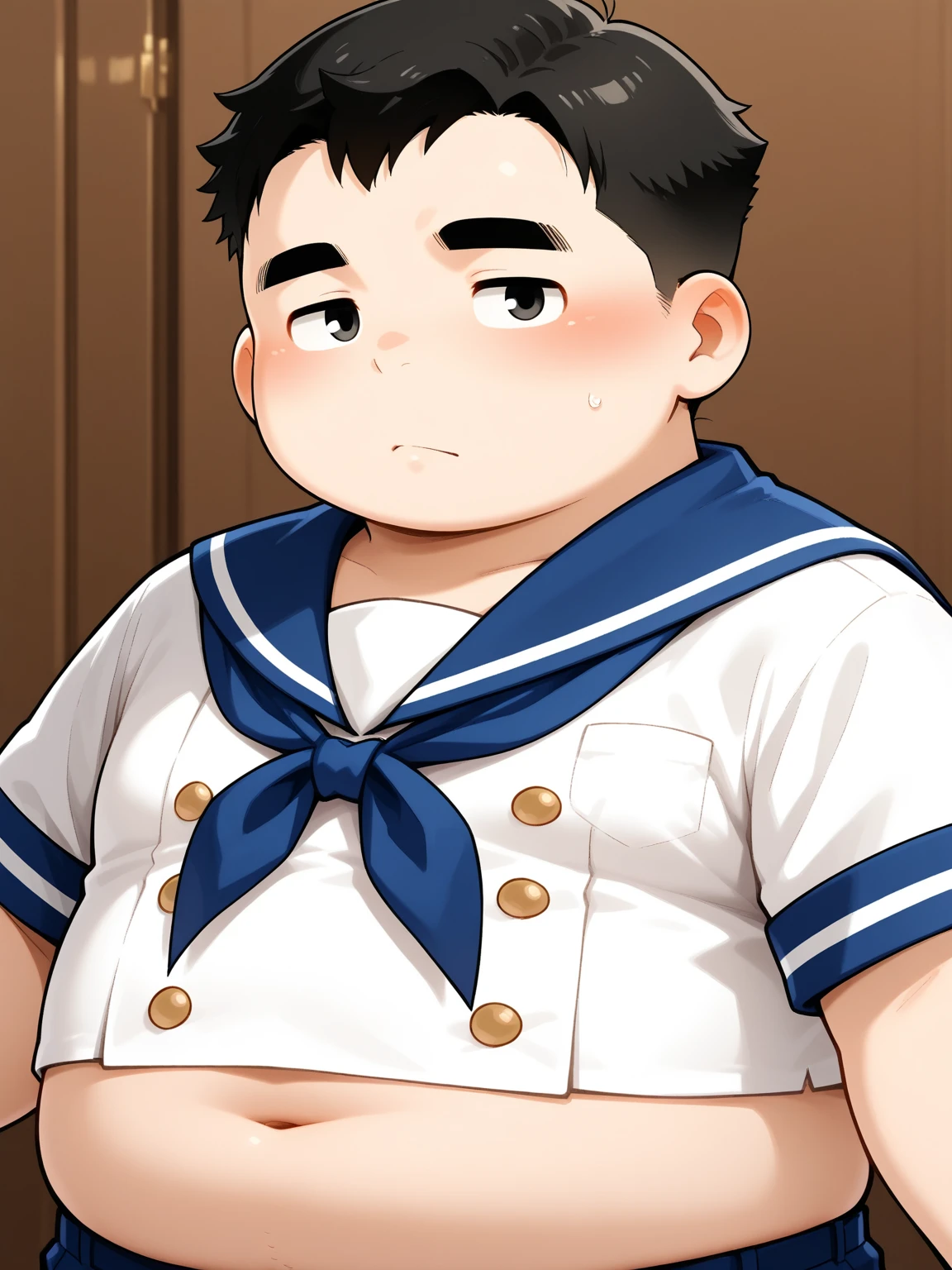 ((androgynous)), beautiful, (very short hair), (pudgy face), (thick),(ikemen), ((boyish)), (handsome), (chubby), belly, muscular, (beefy), (mischievous boy), (ちょんまげ), (cool), (nipples)
