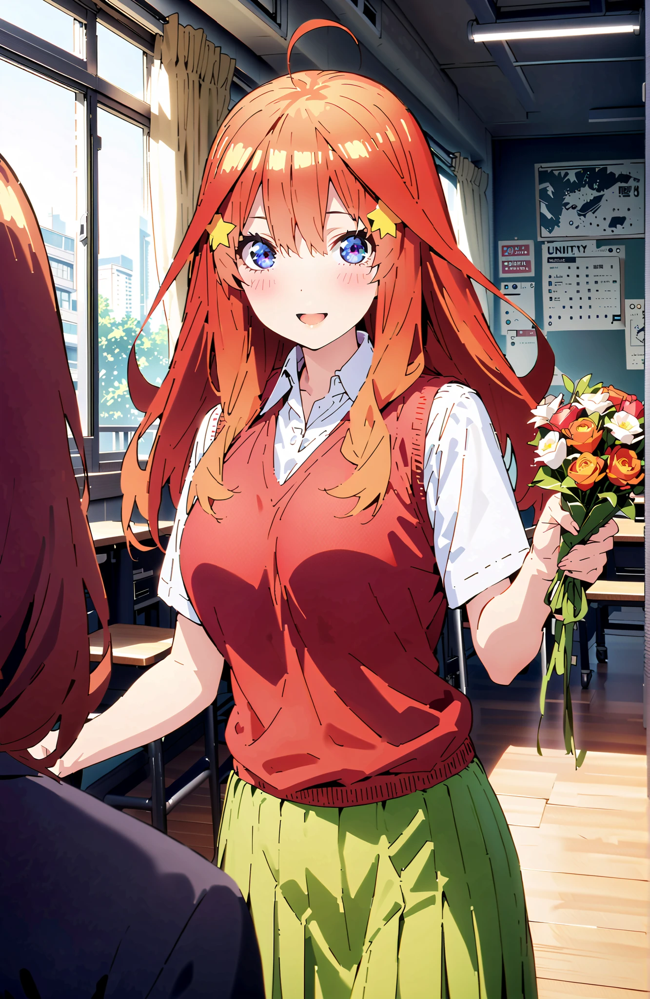 score_9, score_8_up, score_7_up, Nakano Mizuki , solo,bungs, blue eyes, hair between eyes, stupid hair, red hair, star \(symbol\), Hair Accessory, star Hair Accessory,Big Breasts,smile,blush,open your mouth,Holding a red bouquet of flowers with both hands, Flower blowing snow,
in their 40s skirt, shirt, uniform, clavicle, white shirt, short sleeve, green mini pleated skirt, socks, collared shirt, sweater vest, (red sweater vest:1.5),standing,machine,chairs,curtains,window, Beautiful Streetscapes,full bodyがIllustrationsに入るように,
in their 40s indoors, Classroom,
in their 40s looking at viewer, full body,
in their 40s (masterpiece:1.2), Highest Quality, high resolution, Unity 8k Wallpaper, (Illustrations:0.8), (beautifully detailed eyes:1.6), very detailed face, perfect lighting, Highly Detailed CG, (perfect hand in h, perfect anatomy),