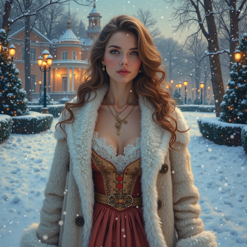 RAW, professional photograph, medium shot, photorealistic, realistic lights, realistic shadows, hyper-realistic, ray tracing, super detail, UHD, 8k, female, 25 years old, athletic body, soft facial features, long hair, straight hair, crimson hair, crimson eyes, bear fur coat, very cute face, very cute smile, winter, medieval town, big breast, light blue color eyes, upper half body visible for a profile photo, looking front direction. wearing a necklace mixture of diamond and pearl , keep the background more realistic,