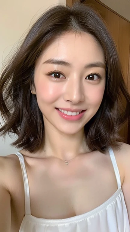((Highest quality)), ((8K)), ((masterpiece: 1.3)), (Perfect appearance), (Photorealism: 1.6), (MOR), (TI), (JMA), (View from directly below: 1.2), (Naked Japan), (58 years old), ((Realistic skin texture)), (Fine wrinkles appear all over the skin), (Dullness), (Unmoisturized skin) , (Facial wrinkles), (Wrinkles around the eyes), double eyelid, Lower eyelid tear trough, (Dimples), Short bangs, Long wavy hair, She is smiling gently with the corners of her mouth raised, She is completely naked and posing sexy, Mature woman's loose figure, Small breasts, Small breasts, Flat Chest, Bedroom with morning sun streaming in, Strong sunlight, bright, She is smiling gently with the corners of her mouth raised,