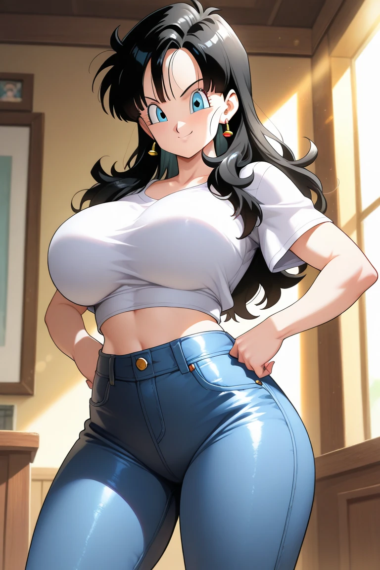 masterpiece, best quality, <lora:NeverSaintv2:0.7>, never saint, mature female, solo, 1girl, jeans, black t-shirt, brown hair, big hair, large breasts, belt, blue eyes, thick thighs, outdoors, hair over eyes,