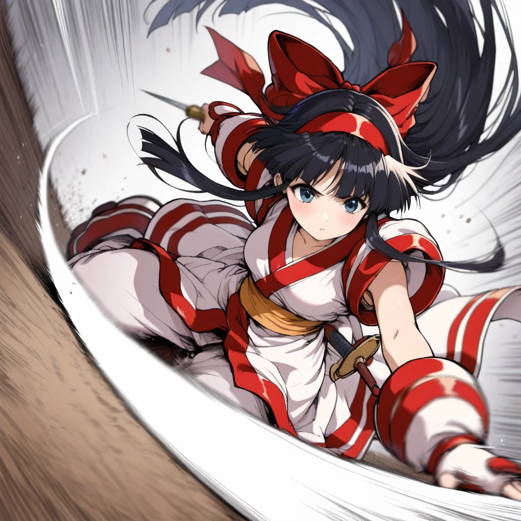 masterpiece, best quality,1girl, red bow, bow, long hair, hair bow, ainu clothes, solo, hairband, bird, black hair, fingerless gloves, short sleeves, gloves, sash, pants, bangs, red hairband, weapon, breasts, brown eyes, white pants, japanese clothes, nakoruru, light smile, officials art, good composition, sexy pose, detailed portrait, portrait, bokeh, mountain background with cloud, pencil style, traditional brush, samurai, onmyoji style, high resolution, dramatic lighting and shadow, high contrast, sun