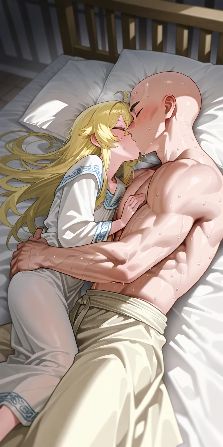 ((Highest quality)), ((masterpiece)), (detailed), (Perfect Face)、The woman is the Greek goddess Tyatia, wearing a white Doric chiton from ancient Greece, with medium blonde hair and green eyes.、The woman is embraced by an ancient Greek male god on the bed of a temple of ancient Greek mythology, and is impregnated and loved.、The man is a muscular, blond, curly-haired male god of ancient Greece wearing an ancient Greek Doric chiton, embracing a woman and having sex with her.