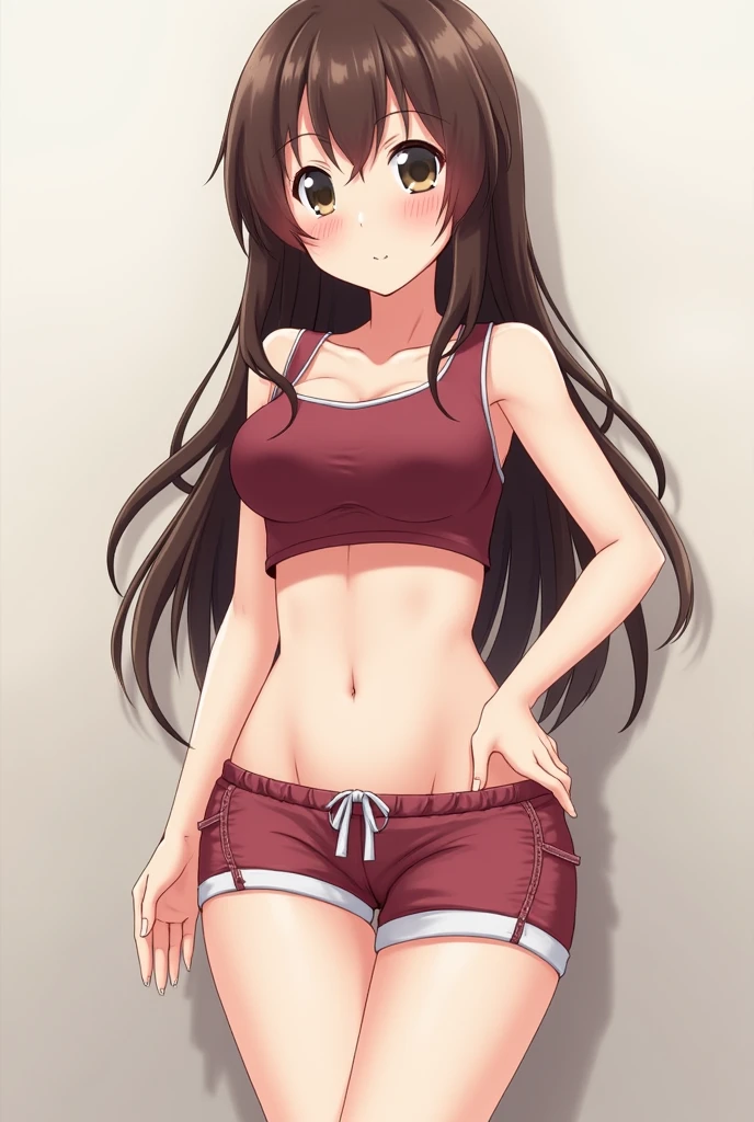 highest quality、Nice sexy body、One Woman、(solo)、((Beautiful busty woman:1.6))、(Woman with dark red hair:1.3)、Long hair woman、Bloomers、((A woman wearing white gym clothes))、((紺色のBloomersを履いた女性))