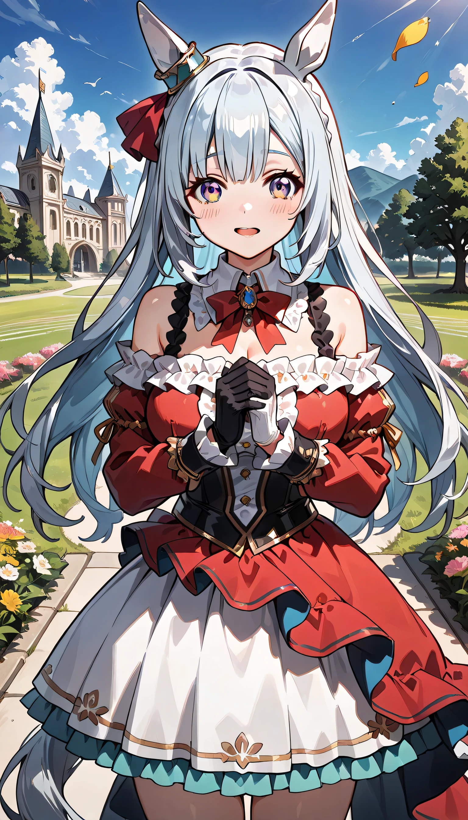 ((ultra-detailed)), (highly detailed CG illustration), (best quality:1.2), ultra-highly detailed, colorful composition, artistic photoshoot, 1girl, solo focus, thigh to top, cowboy shot, Mejiro Ardan (umamusume)moe anime character, girl, dainty facial structure, baby face, round face, rounded chin:1.2, ideal ratio body proportions, celia-default, celia claire, blue eyes, sparkle eyes, long silver hair, ample breasts, Arz, crown blade, horse ears, earrings, ruffles, off-shoulder dress, irregular sleeves, asymmetrical gloves, horse tail, outdoor, petals glowing and fluttering, best quality, masterpiece, standing by the victorian garden with flowers, castle, beautiful detailed sky, from from, expecting, pink cheek, blush, light pink gloss slip, portrait, depth of field, soft lighting, sidelighting, shine, lighting, caustics, ray tracing, smile, perfect face, lustrous skin, highly detailed face, highly detailed eyes, perfect face, perfect nose, perfect hair, perfect eyes, perfect anatomy, beautiful hair, beautiful small face, extremely detailed face, beautiful detailed eyes, beautiful clavicle, beautiful body, beautiful huge breasts, leavage, breasts squeezed together, equalize the size of the left and right breasts, beautiful thin thighs, beautiful legs, beautiful fingers, 4 fingers, 1 thumb, lovely, (very detailed background:1.0), (highly detailed background:1.0), spring aesthetic, intricate details, joyful atmosphere, spring colors palette, chromatic aberration