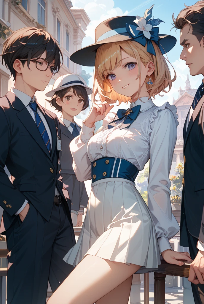 two sexy women in navy suits standing by 4 years old boy with blonde hair, flirtatious smiles, all women look at boy