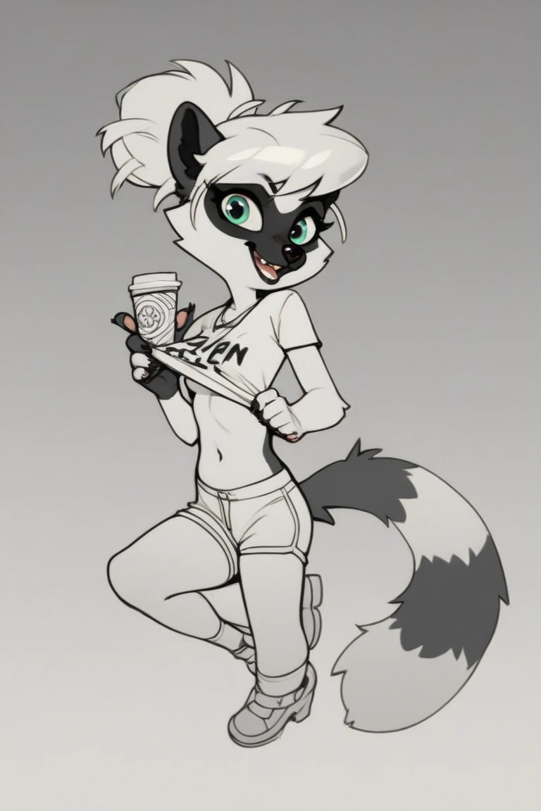 ((best quality)) Solo, hi_res, score_9,score_8_up,score_7_up, score_6_up, score_5_up, score_4_up, source_furry, Antro furry female shark, wavy short haircut, black-white skin, skin in colors of black and white, ocean blue eyes, shark tail, standing in her room in beige color, Wearing workout clothes ,white t-shirt and black shorts, full outfit, looking at you smirk, DD cup size breasts, slightly thick thighs, Safe content, ((high quality)),