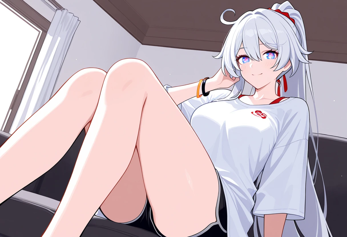 14 years old, school girl, sports bra, short , ponytail, fit clothes, red eyes, silver hair, camel toe,Lying with legs spread, Translucent dress,
