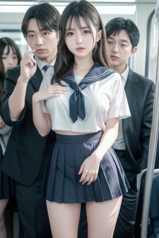 (Sexy idol with beautiful very young face with gentle and attractive Japan),Grab from behind、、(Schoolgirl in sailor suit),(Sailor collar),(Grabbing your butt from behind on a crowded train)、(Pleated skirt with rolled up)、Omeko Beautiful Girl1a person、((A man grabs a schoolgirl buttocks from behind))、((((molesting))))、Touching your buttocks from behind on the bus、red blush、huge-breasted,(((sexual act、erotick)))、((Skirt flipped up、I can see panties))、(High twin tails)、high-level image quality、realisitic、(((agony、angry expressions)))、(((Being touched by multiple men、Touching the chest or crotch)))、grabbing on breasts(((On a crowded train)))、((、Cowgirl)),((Show off striped panties)),Turned,(angry looking face)、(nsfw),