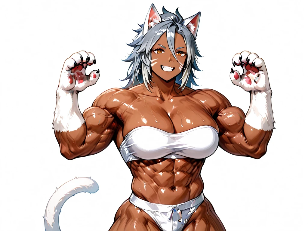 Fox boy with extreme muscular body, dark skin, blue eyes, four arms, bodybuilder posing, pink long braided hair and 9 fluffy fox tails.