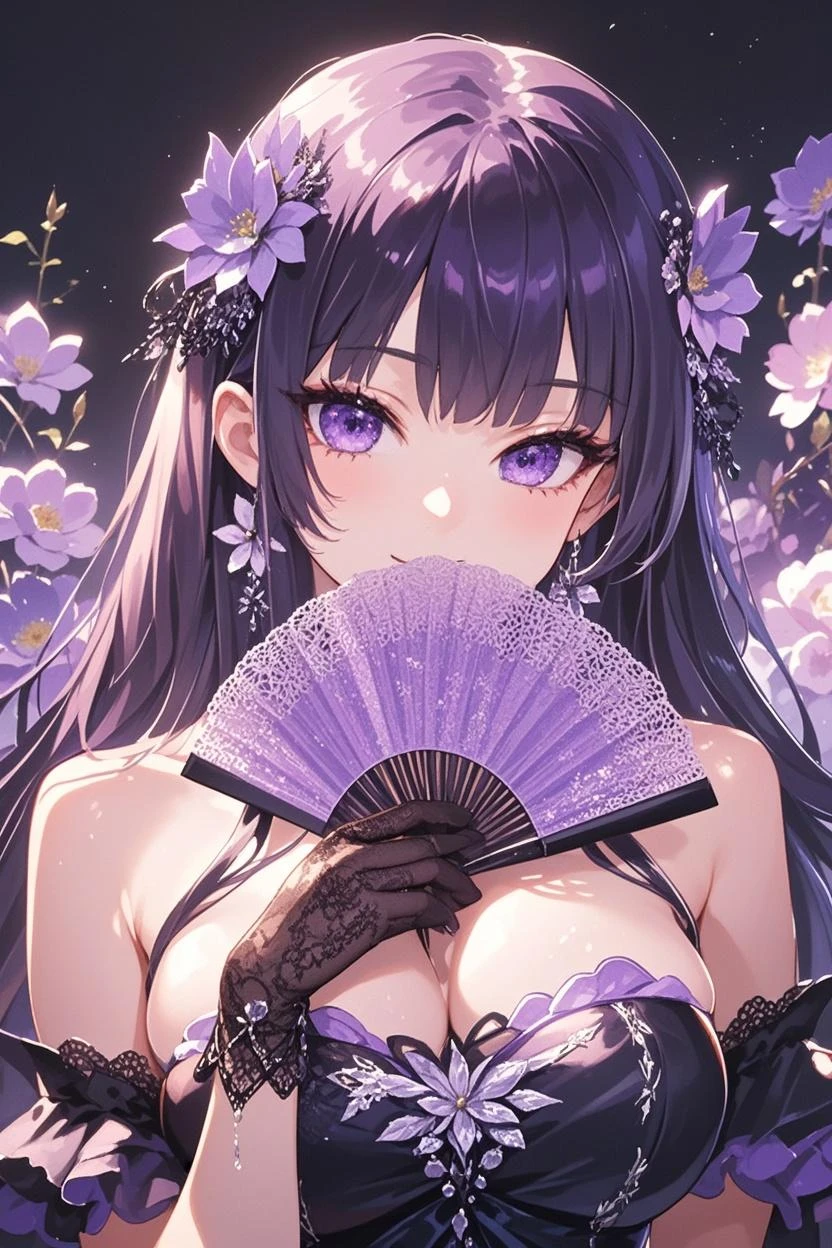 (Thin black hair:1.2),(Long hair with curls:1.3),(hair with volume:1.25),(big ribbon:1.3),(blue eyes:1.4),(Eye size:1.5),(sphere accessories:1.3),((feminine fashion:1.4)),(Background full of blooming flowers:1.5),(blush),(upward glance:1.3),(small breasts:1.4),((close up of face:1.5)),((look up:1.25)),(fashion color White、darkBlue、purple、pink:1.3),(smile:1.2),((Hug your breasts:1.5)),((lily:1.3)),((focus on face:1.35))