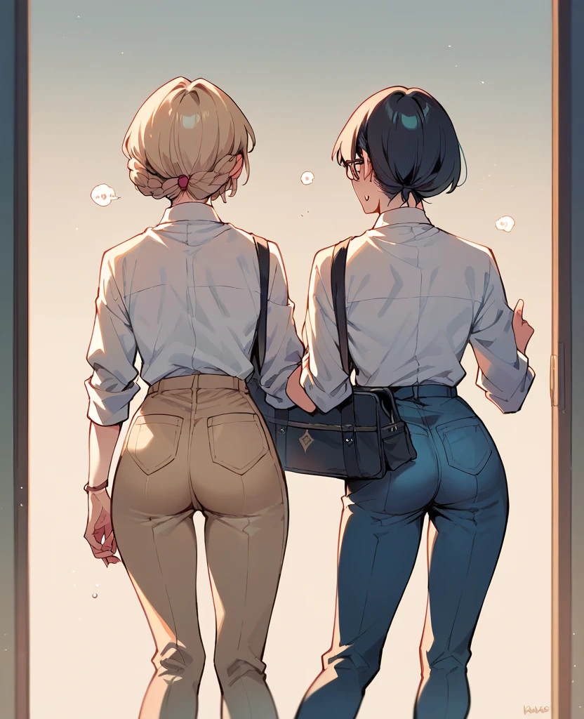 The term "butt to butt" generally refers to a situation where two people are standing or sitting with their backsides touching each other. This can happen in a variety of contexts, such as when space is limited and people are standing closely together, or as a playful or humorous pose in photos.
Here's a more detailed description:
- **Position**: Both individuals are facing away from each other with their backsides (butts) in contact.
- **Body Posture**: They could be standing straight, leaning slightly forward, or even sitting down while ensuring that their backsides are touching.
- **Context**: It can be seen in crowded settings, or as a playful gesture among friends, sometimes used in dances or performances for comedic effect.
This pose is often used humorously or casually, and the exact appearance can vary based on the height, build, and posture of the individuals involved. (Only two girl backside)