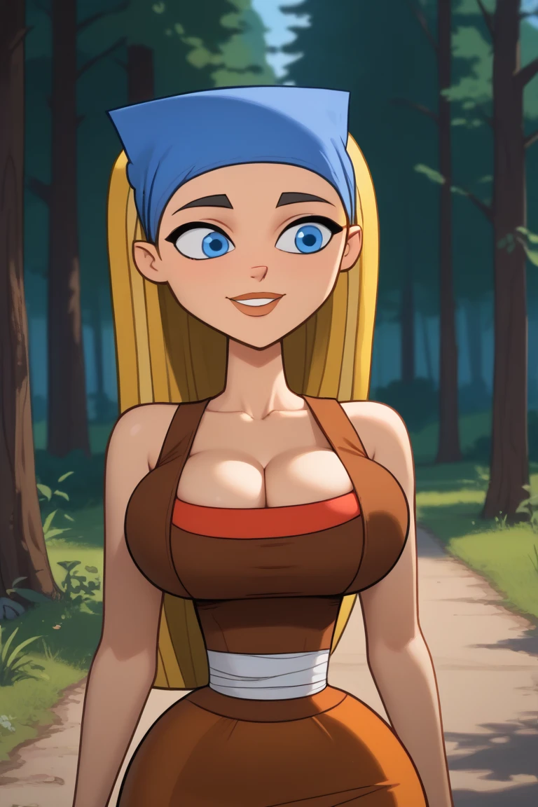 score_9, score_8_up, score_7_up, BREAK, 1girl, solo,  lindsaytd, blue bandana, cleavage, red undershirt, brown tank top, midriff, orange skirt, looking at viewer, light smile, hand on own hip, outdoors, depth of field,huge breasts
,best quality, masterpiece,