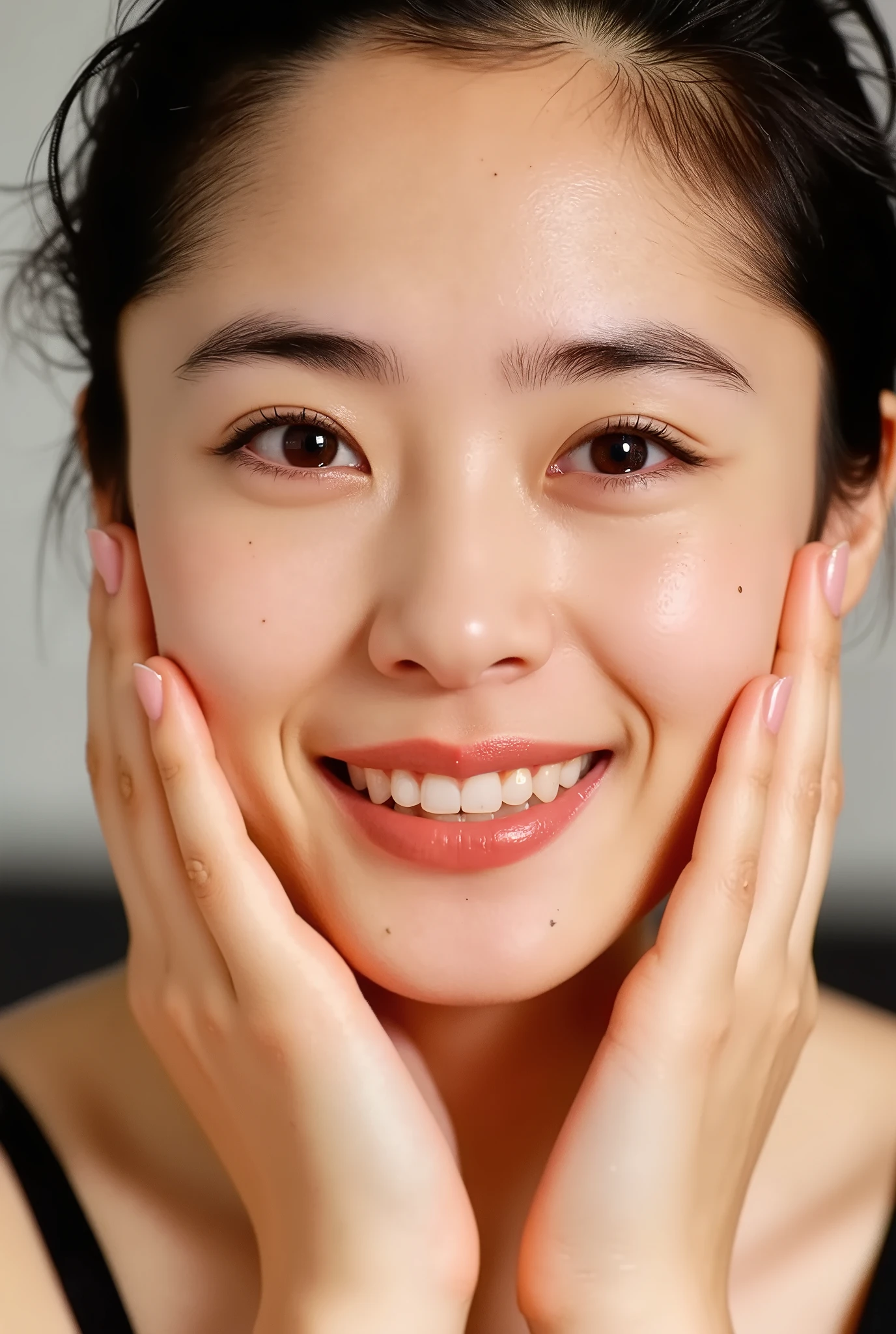 extreme close-up portrait, beautiful girl with her love-struck, radiant face filling the entire frame (95% face ratio), gently placing both open hands on her flushed cheeks with soft fingers, soft black camisole, white blurred background, eyes dreamy and half-lidded, deeply adoring gaze fixed straight at the viewer, irises ultra-detailed with intricate rainbow reflections and glowing catchlights, moist and sparkling eyes as if about to tear up from overwhelming joy, soft melting smile revealing slightly parted lips and upper teeth, skin with visible soft pores, realistic skin texture with warm lighting and subtle shadows, delicate eyelashes, glossy lips with natural highlights, cheeks glowing with deep blush, cinematic soft lighting, lifelike expression full of romantic euphoria, overflowing with happiness, warmth, and pure affection, subtly tilting her head as if whispering a name in total bliss, ultra photorealistic, masterpiece, 8K, hyperreal detail, skin pores, detailed iris texture, cinematic mood
