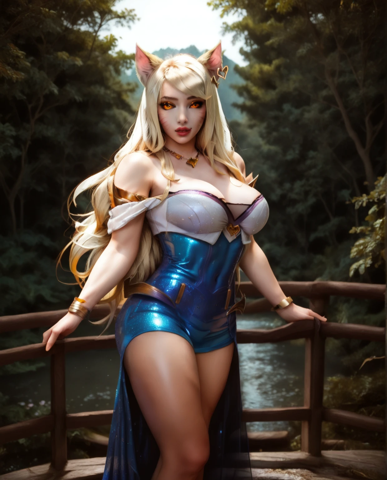 (best quality, masterpiece:1.4), absurdres, ultra-detailed CG, 8k, high detailed, beautiful face, detailed face, 1girl, solo ahri star guardian, IncrsAhriSG, animal ears, fox tail, multiple tails, hair ornament, highlighted sleeves, bare shoulders, skirt, zettai ryouiki, magic, multiple tails, blonde hair, light smile, thick lips, huge breasts, perfect body, thin waist, wide hips