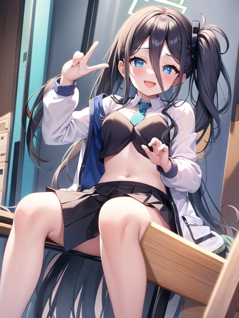 NSFW,bared chest,Perfect body,Perfect hands,White background,masterpiece, top-quality, ultra-detailliert, bangss, bare shoulders, The bikini, Bikini under clothes, Black Bikini, red blush, the bow,(Green eyes),A bracelet, breastsout, 鎖骨, cowboy shot, tag, eyewear on head, Hair Bow, jaket, jewely, Khalil, evil smile,low twintails, a navel, off shoulders, Open your clothes, open fly, Open short pants, Purple jacket, shortpants, shortpants, Lunette de soleil, swim wears, Thigh strap, Twin-tailed, White shorts