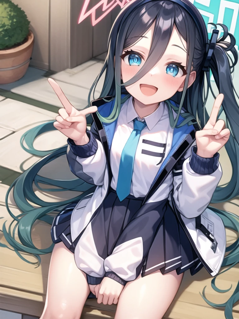 masterpiece, best quality, detailed, 1girl, hand on hair, peace sign hand, sitting,
white jacket, white shirt, blue necktie, pleated skirt,
:d, bangs, blush, hair ornament, halo, long hair, looking at viewer, aris, open mouth, side ponytail, smile, solo, <lora:tendouAlice_v1:0.8>,