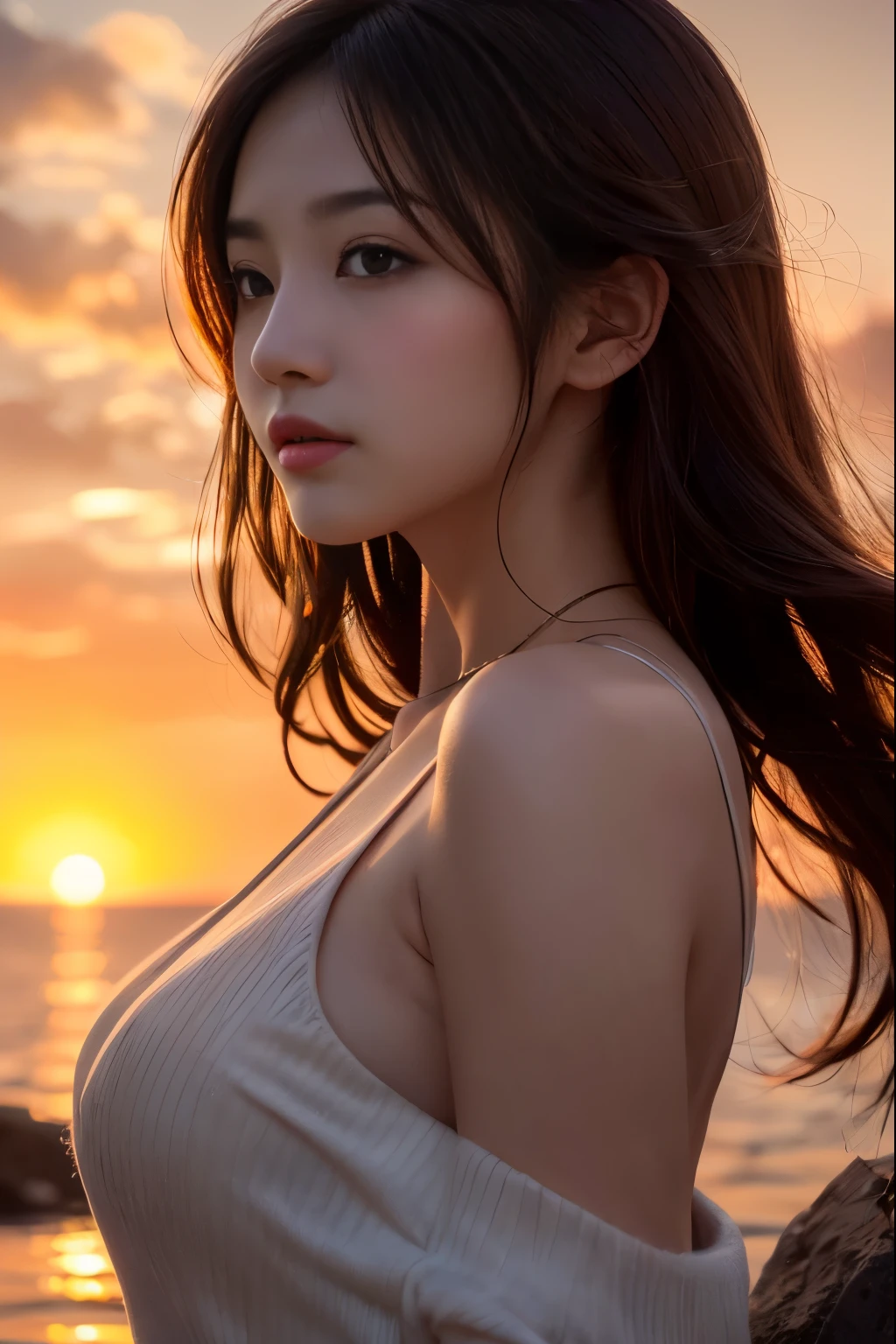 realisitic, Highly Detailed CG Integrated 8K Dendenden Wallpapers, ighly Details, High Definition RAW Color Photography, professional photograph, (8K, Raw-Photo, The highest quality, masutepiece: 1.2), (realisitic, Photorealistic: 1.37), (Tight Open T-Shirt:1.5), transcendent beauty, Young and cute, Beautiful lake with a huge sunset view, Professional Lighting, Glossy skin, large full breasts, Half-exposed breasts, (cleavage of the breast:1.2), (fair face:1.2), (Short hair: 1.2), sun light,