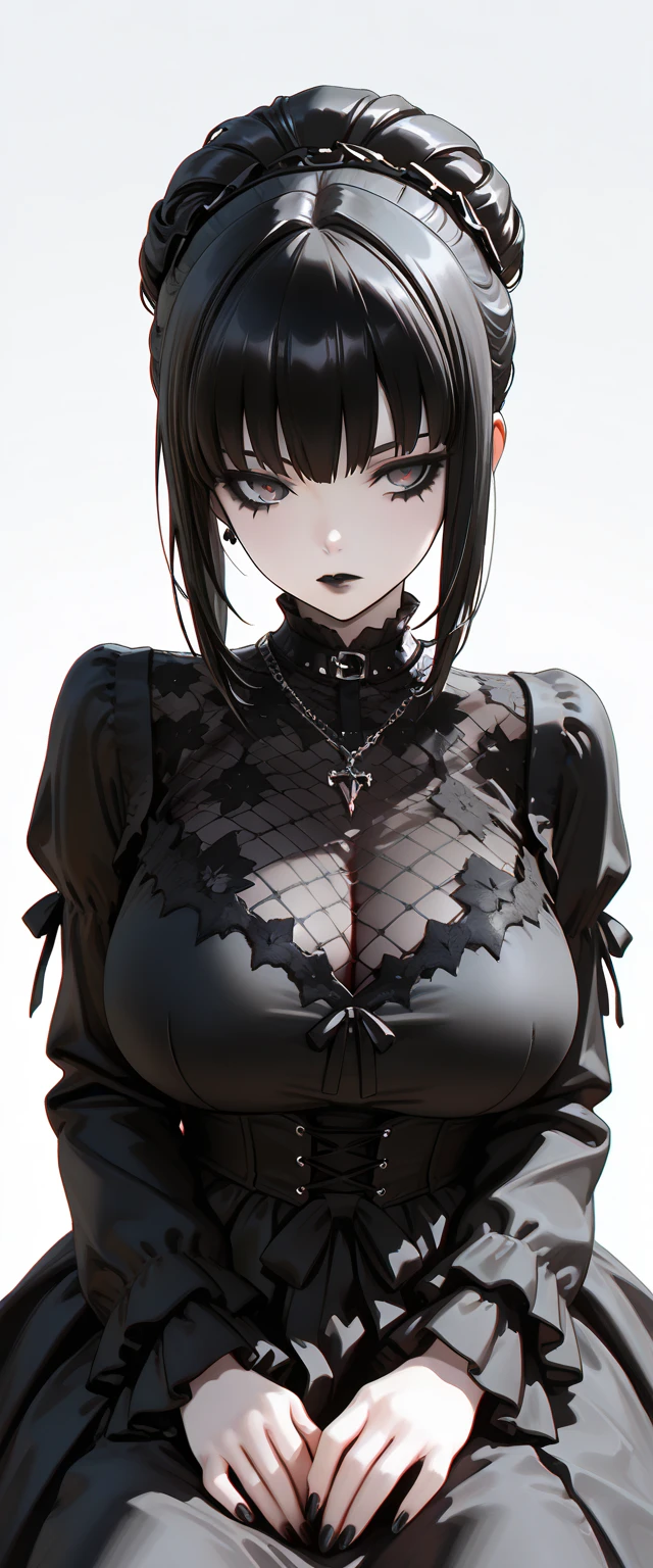 a girl monster, slave, chained, beautiful, detailed portrait, delicate facial features, piercing eyes, sharp fangs, pale skin, thick chains, dark background, cinematic lighting, dramatic shadows, gothic style, moody atmosphere, dark fantasy, high contrast, muted colors