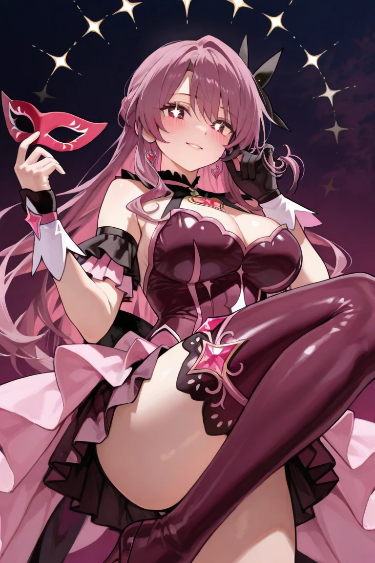 Succubus pose of temptation erotic body attractive face Arm outstretched pose heart mark cute smile pink hair eyes are hearts charm magic angle from below pose sitting on bed short hair big boobs
