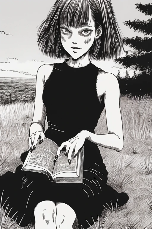 < realistic, chromatic aberration, cinematic light, finely detailed face)>, portrait, :), High neck dress, Long hair, Purple Eyes, disheveled hair, Small breasts,1girl,Lie on the grass and read a book<lora:studioGhibliStyle_offset:1> <lora:dalcefoNocopyV2_dalcefoNocopyV2:1>