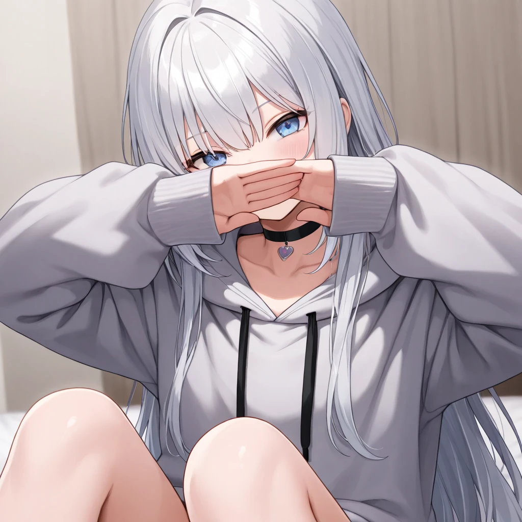 masuter piece, Best Quality,Illustration, Wallpaper, ultra -detail, a small face、(((molesting)))、Gray hair color、barechested、((shame))、(Teary-eyed)、(((Nothing is worn)))、((Girl being touched by a man))、small cherry-colored nipples 、Angle from below、ample breasts, (nsfw, pov, sex, sexy),
