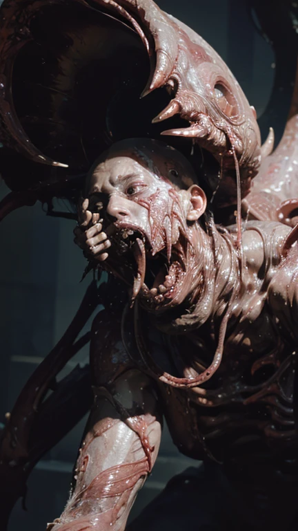 reelhorror, 1girl, humanoid, lying, dismembered, veins, tongue, tail, teeth, eyes, flesh, drooling, looking at viewer, blood, tentacles, injury, realistic, death, indoors, full-length shot, trash, pov scene, pov