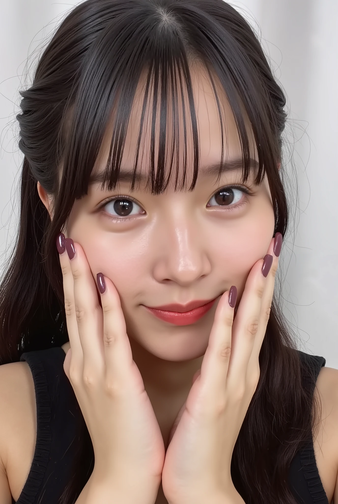 extreme close-up portrait, beautiful girl with her love-struck, radiant face filling the entire frame (95% face ratio), gently placing both open hands on her flushed cheeks with soft fingers, soft black camisole, white blurred background, eyes dreamy and half-lidded, deeply adoring gaze fixed straight at the viewer, irises ultra-detailed with intricate rainbow reflections and glowing catchlights, moist and sparkling eyes as if about to tear up from overwhelming joy, soft melting smile revealing slightly parted lips and upper teeth, skin with visible soft pores, realistic skin texture with warm lighting and subtle shadows, delicate eyelashes, glossy lips with natural highlights, cheeks glowing with deep blush, cinematic soft lighting, lifelike expression full of romantic euphoria, overflowing with happiness, warmth, and pure affection, subtly tilting her head as if whispering a name in total bliss, ultra photorealistic, masterpiece, 8K, hyperreal detail, skin pores, detailed iris texture, cinematic mood