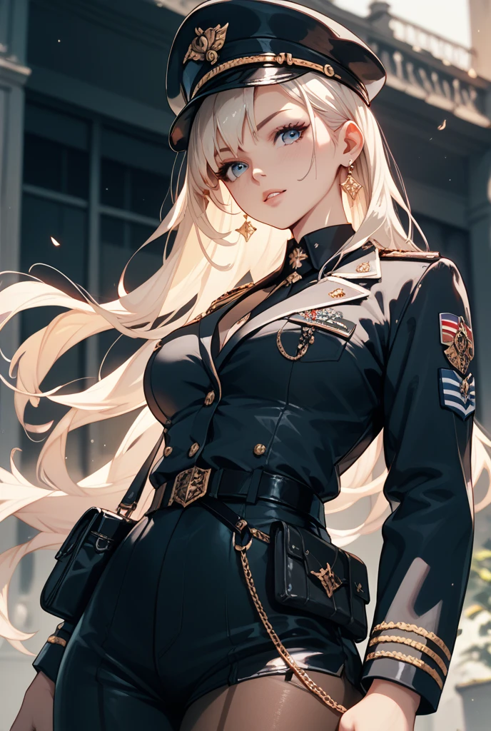 1girl,

(large breasts:1.4),((((blonde hair,hair between eyes,long hair,sidelocks,twintails)))),(((grey_eyes:1.3))),intricate eyes,beautiful detailed eyes,symmetrical eyes,((((lustrous skin:1.5,tanned skin,bright skin: 1.5,skin tanned,shiny skin,very shiny skin,shiny body,Reflective skin)))),(spider lower abdomen,narrow waist,wide hip,athletic body,inflated legs,thick thighs,(detailed face)),beautiful detailed lips,

cute,slutty,sensual,seductive look,seductive,((erotic)),opulent,sumptuous,((nsfw)),

(anchor ornament),(black gloves,gloves),(black pantyhose,panties,panties under pantyhose,pantyhose,underwear),(high collar,capelet,two-tone capelet,red capelet,white capelet,celtic knot,impossible clothes),(necktie,short necktie,cross,iron cross),(hat,military hat,peaked cap,white headwear,white hat),((military uniform,uniform)),((skirt,black skirt,miniskirt,pleated skirt)),

(flirtatious pose:1.3), looking at viewer,smile,centered,scale to fit dimensions,Rule of thirds,

indoor((Nazi bunker,room, dark bunker, swastika,depths of a steampunk bunker)),scenery:1.25,((intricate scenery)),

(Glossy steampunk ornaments),highres,sharp focus,(ultra detailed,extremely detailed),(photorealistic artwork:1.37),(extremely detailed CG unity 8k wallpaper),(((vibrant colors,vibrant theme))),(intricate),(masterpiece),(best quality),artistic photography,(photography taken by sldr),(intricate background),perfect rendered face,perfect face details,realistic face,photo realistic,((intricate detail)),(((realism))),
