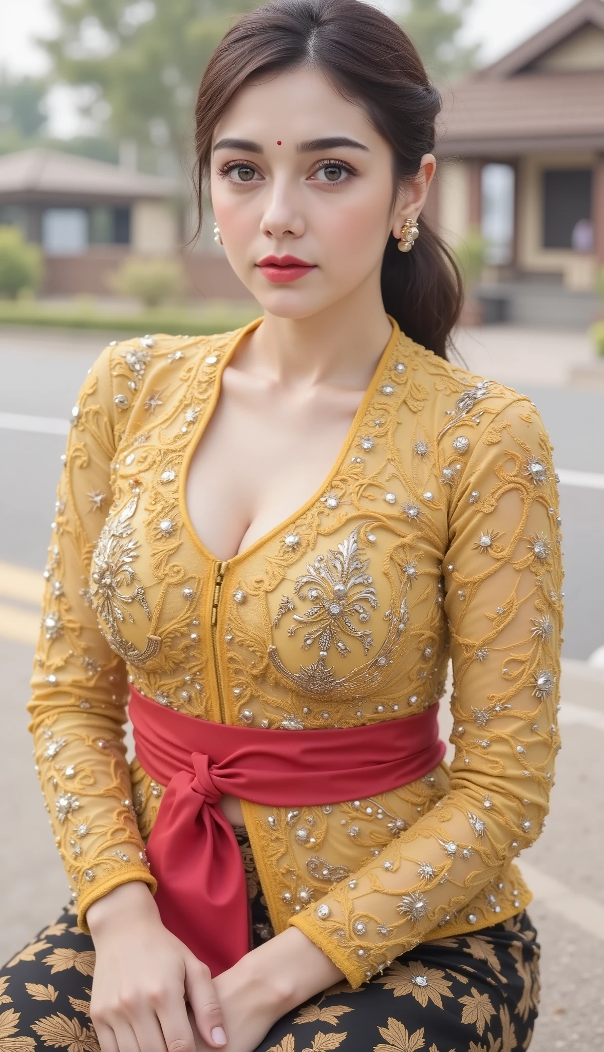 sfw, (8k), (best quality), (masterpiece:1.75), (realistic), (photorealistic:1.75), highly detailed, milf, (giant ),quality,8K, very high resolution: 1.2), ( Beautiful Asian girl), (Big breasts: 1.5), (sexy body: 1.5), ((big breasts:1.5), (big hips:1.5), (Erotic and Vulgar Outfit: 1.75), ((Transparent Cloth: 1.5)), masterpiece, best quality, 1 woman , high resolution, beautiful girl, yamatowanpi, big, cleavage,perfect pink eyes, fantastic face, Asian, beautiful look, ((natural lips, bright eyes, thick pussy hair, thighs open, curve heir)), (big necklace, big earrings, mathapatti, maangtikka), jhumar, bindi), ((beautiful details very big breast )), (Straight round and ultra huge clevage, breasts sagging like papayas), A glorious gorgeous, glorious gorgeous face, pretty face, bright eyes, "(Balinese Kebaya: 1.3)" , updo elegant hair, blurred gray tones background, ultra focus, face ilumined, face detailed, 8k resolution, painted, dry brush, brush strokes, razumov style and garmash style, by Tokaito, ((Full Open )),looking at camera, sexy lift, red face,((big breasts:1.5) (super breasts (S-CUP)))