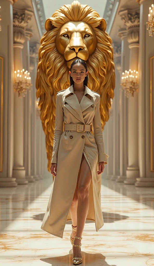 Fashion model, Jennifer Lawrence simply wears a short golden Egyptian transparent bathrobe, as she steps through the Egyptian temple corridor towards the exit.