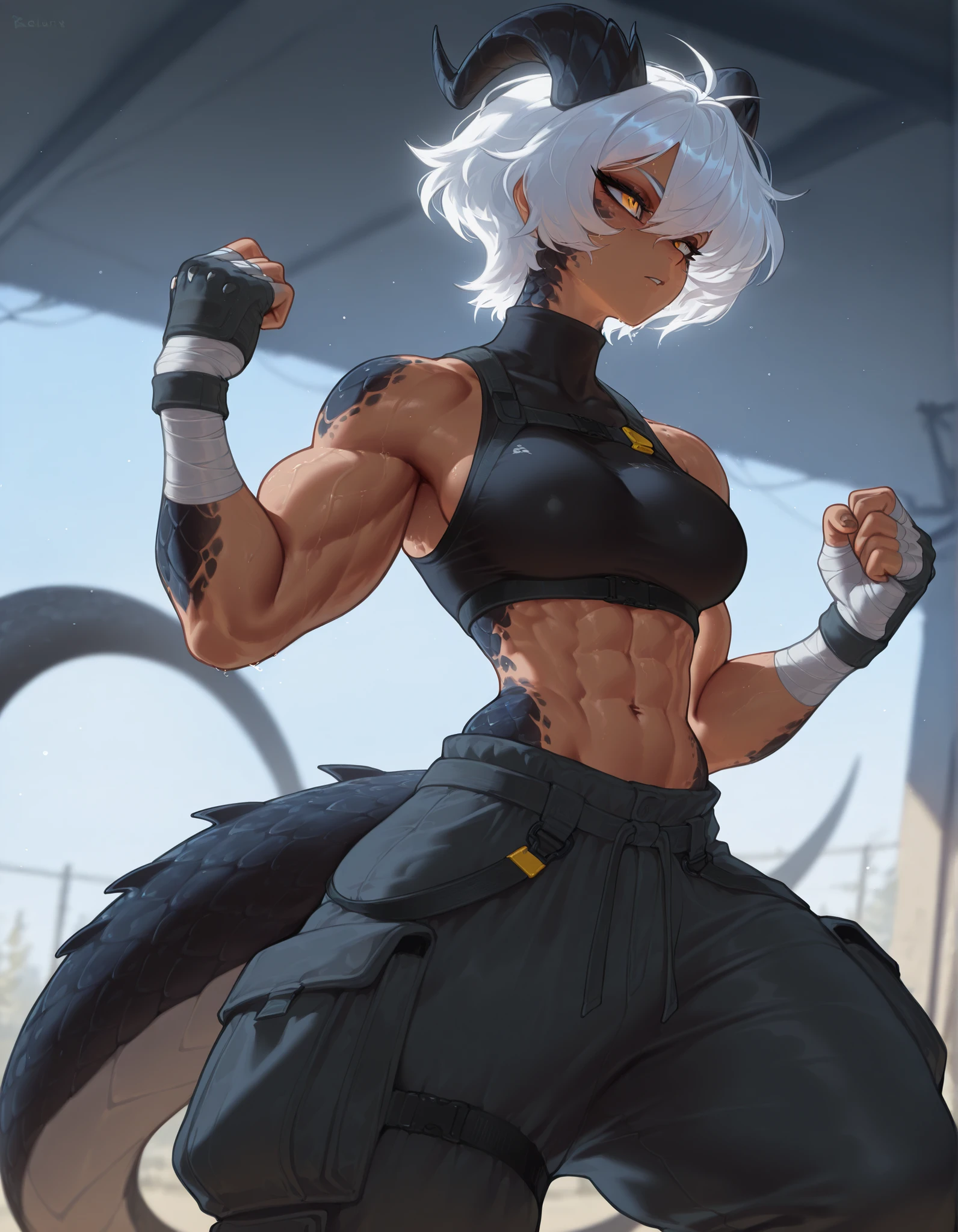 masterpiece, best quality, amazing quality, very aesthetic, absurdres, newest, scenery, extreme detail, 8k, detailed eyes, yellow eyes, by Riolutiny, tomboy, female, scalie arms and neck, solo, extremely detailed scales, dragon horns, short spiky white hair, short hair, dark skin tone, (wearing baggy pants:1.3), medium breasts, dark scales, strong tail, scales on sides of torso, wide chest, detailed muscles, strong muscular arms, six pack abs, muscular, curvaceous, dark pants, bandaged hands up to the elbows, combat gloves with knuckles, proporcional toned body, wide chest, calm pose, athletic, BREAK background is simple and muted, with a gradient effect and soft, neutral tones.