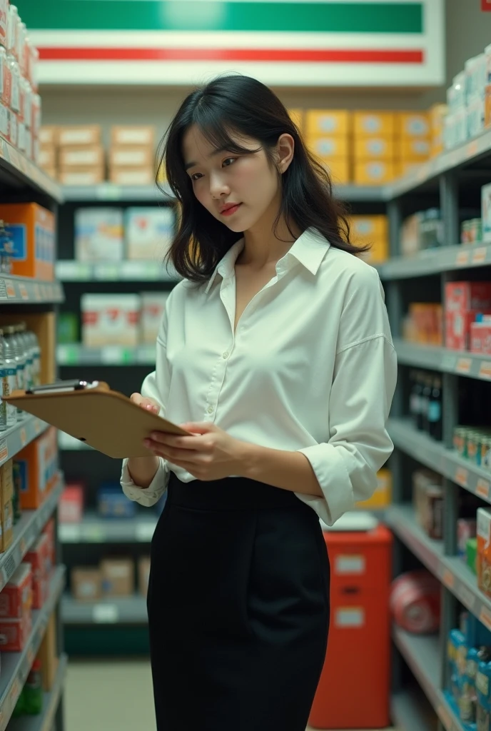  a young asian woman, young asian woman, young asian girl, girl with glasses, stacking supermarket shelves, a super-smart, gorgeous young korean woman, convenience store, beautiful young asian woman, bent over, no pants, panties around ankle, spreading ass