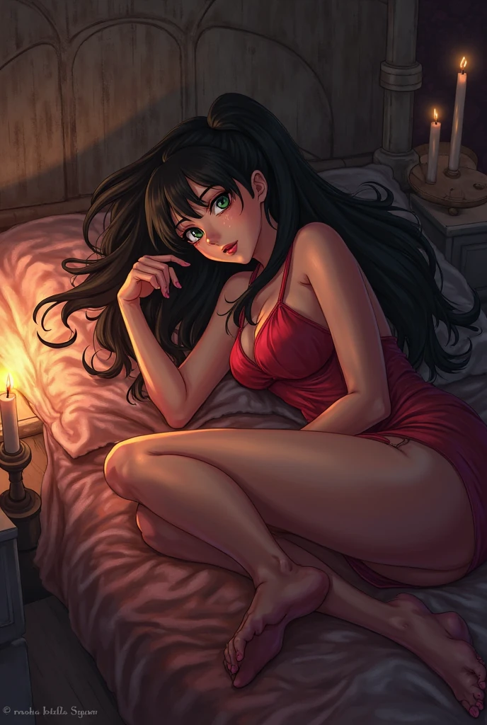 A silhouette of a female body with the figure of Asuka Langley Sōryū lying unconscious on an Arab bed, (goddess body), (asuka Langley face), (naked female body), (no futuristic elements), (no plug in suit) , fantasy style, Anime style, erotic art, low lighting, torchlight, night
