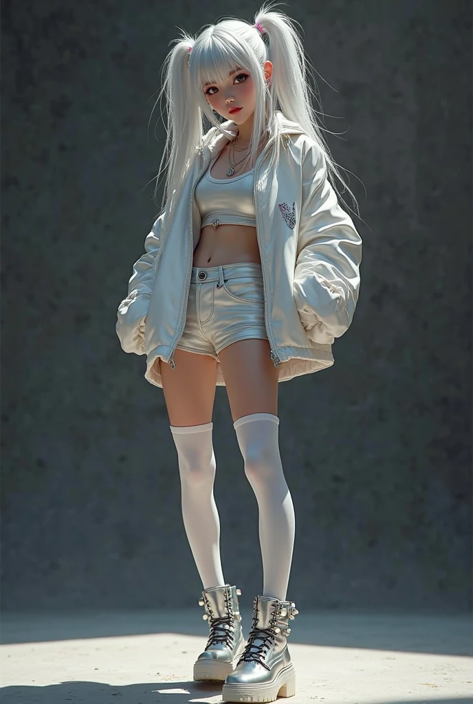 (tmasterpiece, hiquality, beste-Qualit, official arts, Beautiful and aesthetically pleasing: 1.2), (1 girl), Extremely detailed, (s fractal art: 1.3), Colorful, As detailed as possible, large natural breast, Very large green eyes, serious face, Development of long hair, Shot Between Hair, gap between the thighs, panty, (high skin detail: 1.2), (Best: 1.0), bare lower back, perky breasts, outstanding , (White long t-shirt and thong:1.3), (white colored hair:1.2), photo from the back, Squatting, in white sneakers, Light gray background