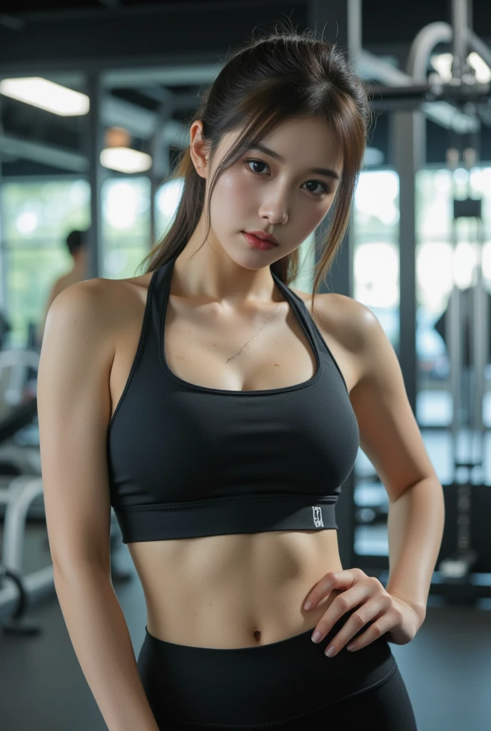 (Photoreal: 1.4), (Hyperrealistic: 1.4), (Realistic: 1.3), (Smooth Lighting: 1.05), (Improved Cinematic Lighting: 0.9), 32K, 1 Girl, 20 Year Old Girl, Realistic Lighting, (Image Enhancement: 1.4), ( Best image quality real skin: 1.4), fine eyes, long black hair ,fine face, fine eyes, (increased mood of body line: 1.1), oversized breasts, big breasts, (increase in beauty of skin texture: 1.1),neon multi color gym clothes that adhere to the body,