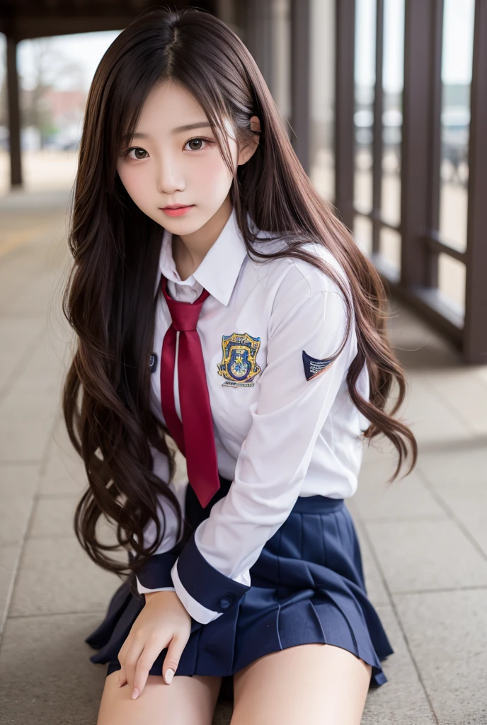 masterpiece, uhd, best quality, 1girl, dark blue hair, long hair, bangs, dark blue eyes, hairband, collared shirt, sweater vest, school emblem, pleated skirt, school hallway